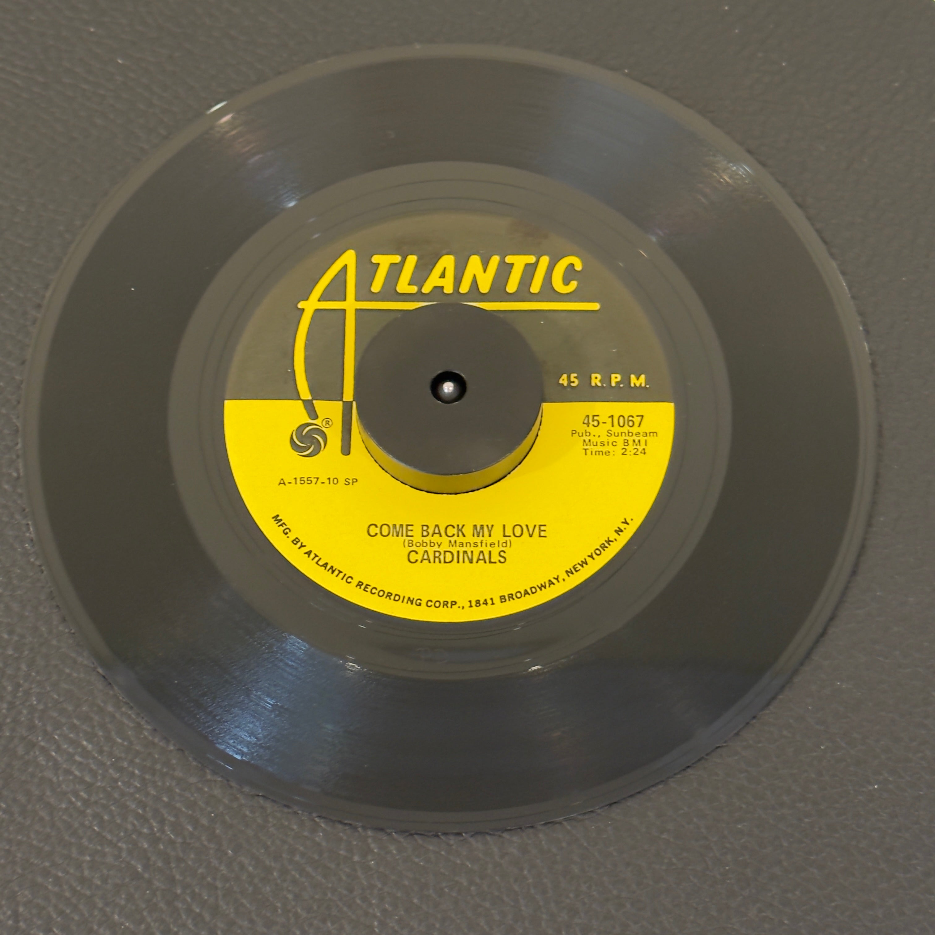 7" vinyl record by Cardinals featuring "Come Back My Love/Two Things I Love", released on Atlantic (45-1067), in VG+ (Very Good Plus) condition, classic analog collectable for turntable playback. Doo Wop Reissue.  