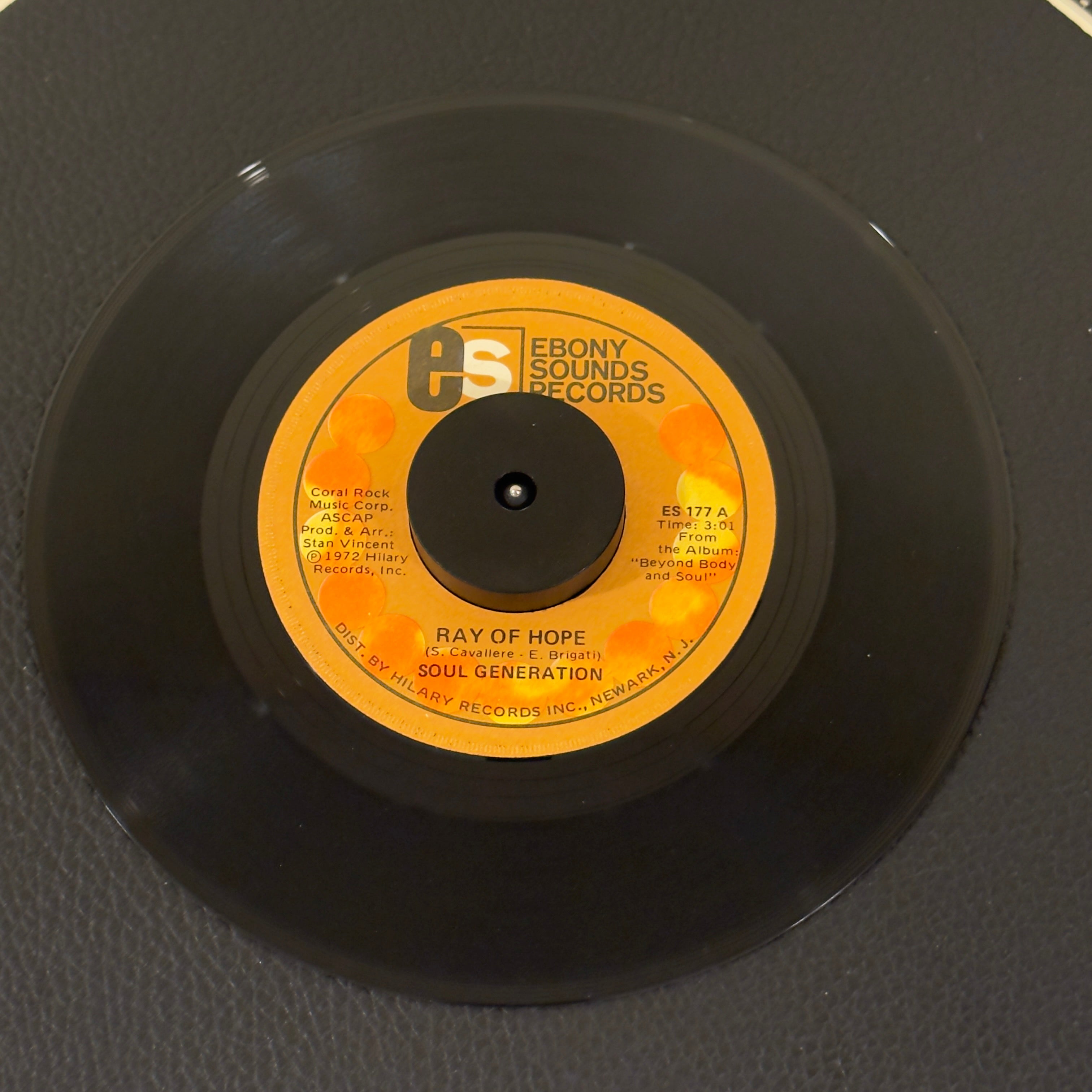 7" vinyl record by Soul Generation featuring "Ray Of Hope/Young Bird", released on Ebony Sounds Records (ES 177), in VG (Very Good) condition, classic analog collectable for turntable playback. 