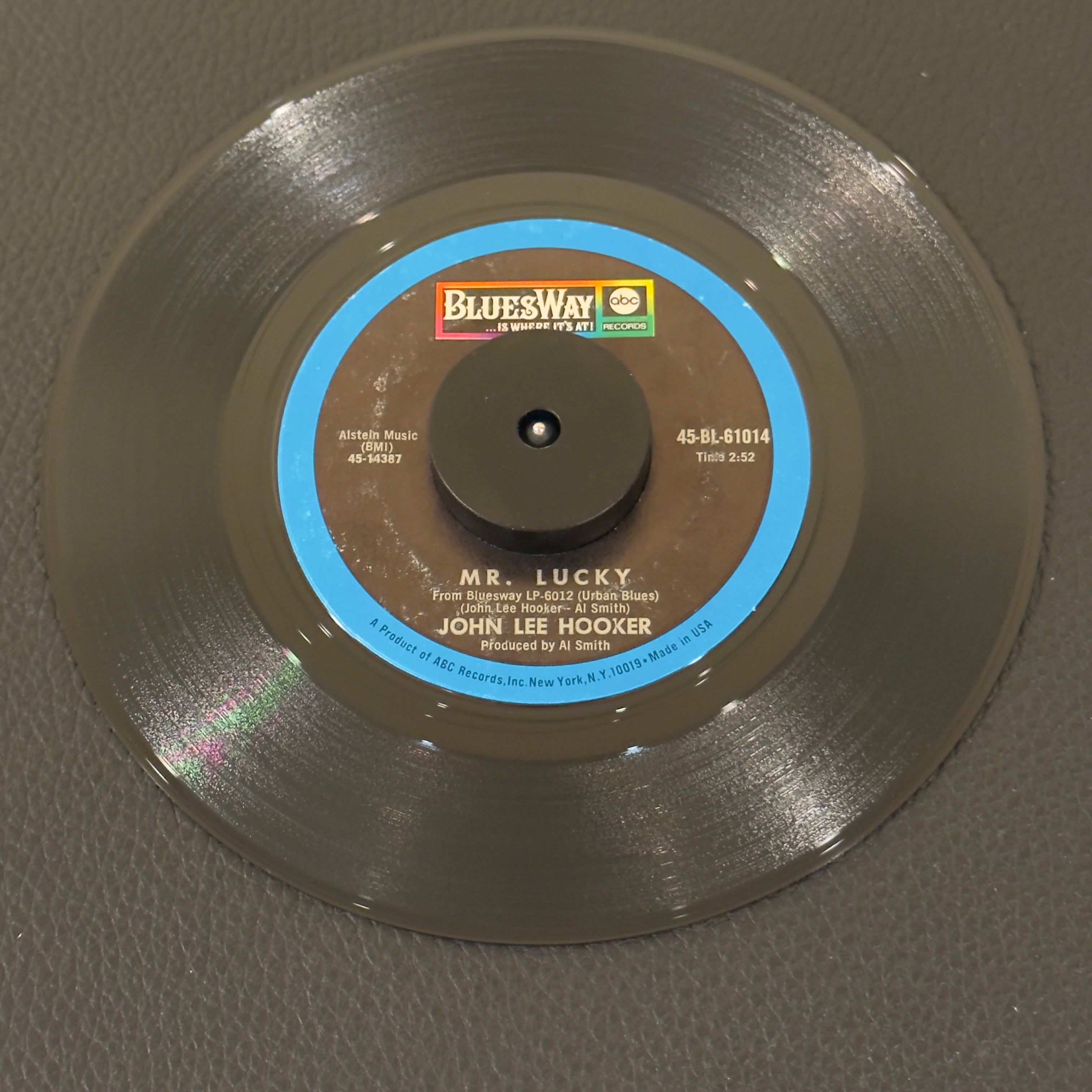 7" vinyl record by Hooker, John Lee featuring "Mr. Lucky/Cry Before I Go", released on Bluesway (45-BL-61014), in VG (Very Good) condition, classic analog collectable for turntable playback. Slight mark on label - Side B.