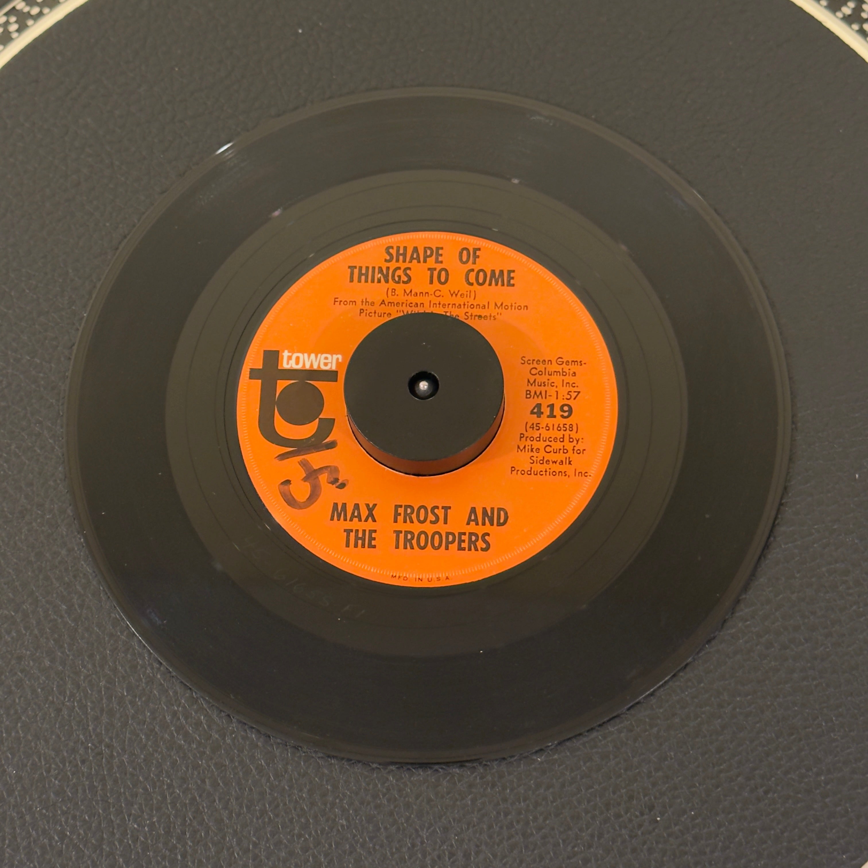 7" vinyl record by Frost, Max and The Troopers featuring "Shape Of Things To Come/Free Lovin'", released on Tower (419), in VG+ (Very Good Plus) condition, classic analog collectable for turntable playback. Includes original Tower sleeve.  Writing on label - Side A.