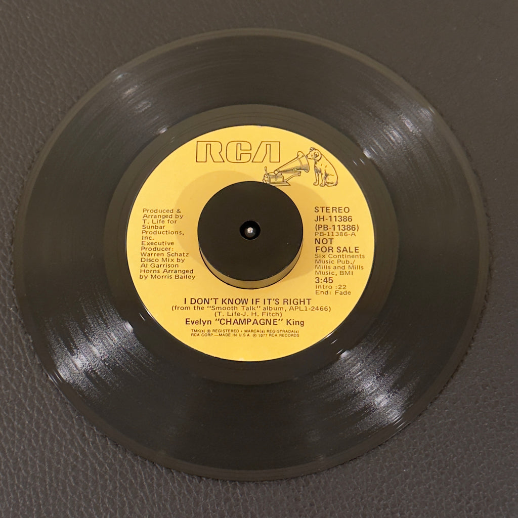 7" vinyl record by King, Evelyn "Champagne" featuring "I Don't Know If It's Right/I Don't Know If It's Right", released on RCA (JH-11386), in VG+ (Very Good Plus) condition, classic analog collectable for turntable playback. Promotional Copy! Includes original RCA sleeve.