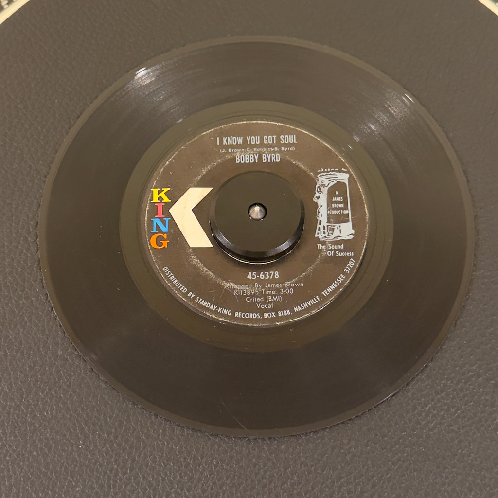 7" vinyl record by Byrd, Bobby featuring "I Know You Got Soul/It's I Who Love You (Not Him Anymore)", released on King Records (45-6378), in VG (Very Good) condition, classic analog collectable for turntable playback. Foundational blueprint of funk and the holy grail of hip-hop breakbeats!