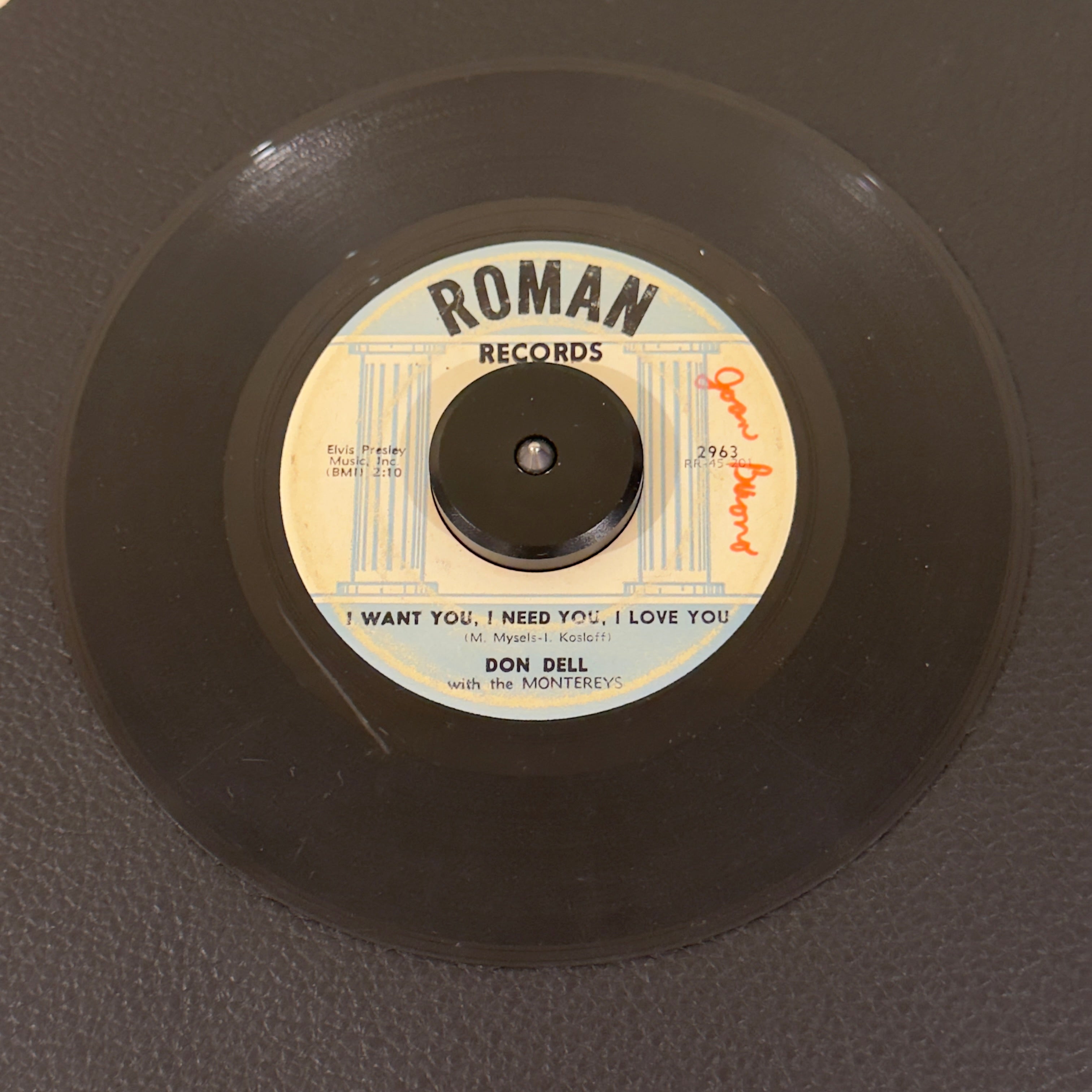 7" vinyl record by Dell, Don featuring "I Want You, I Need You, I Love You/Make Believe Love", released on Roman Records (2963), in G+ (Good Plus) condition, classic analog collectable for turntable playback. Writing on both sides of the label.