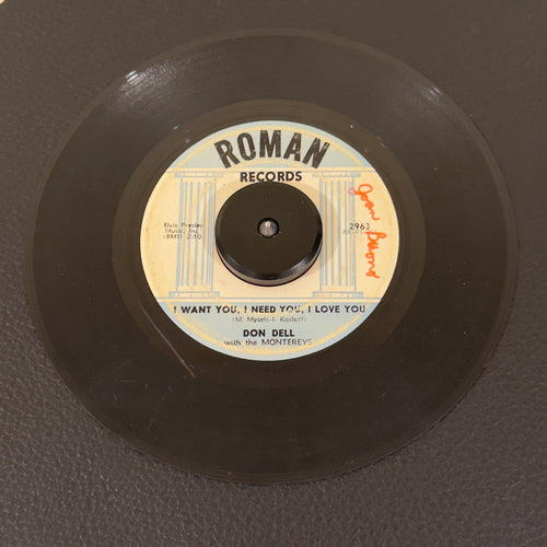 7" vinyl record by Dell, Don featuring "I Want You, I Need You, I Love You/Make Believe Love", released on Roman Records (2963), in G+ (Good Plus) condition, classic analog collectable for turntable playback. Writing on both sides of the label.
