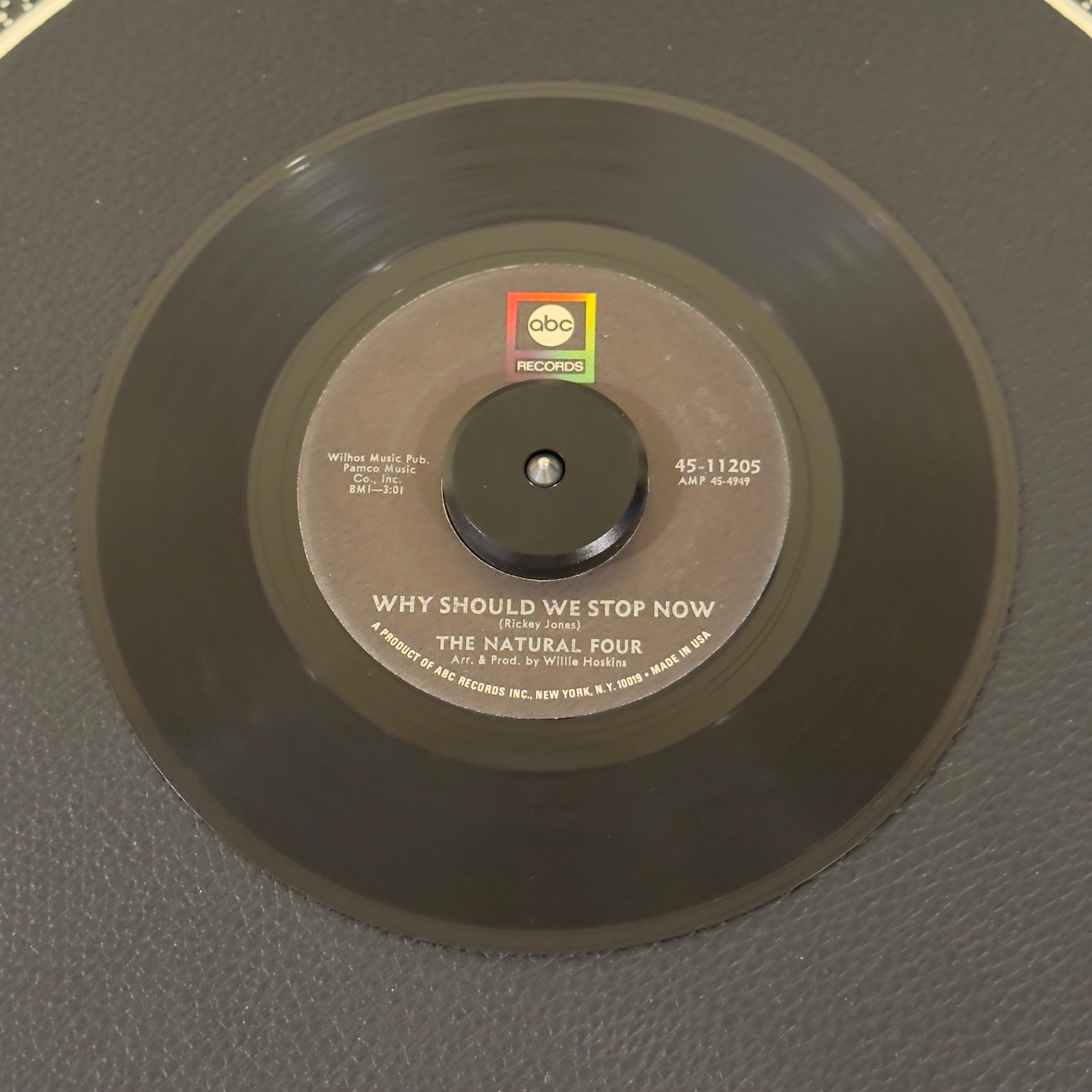 7" vinyl record by Natural Four featuring "Why Should We Stop Now/You Did This For Me", released on ABC Records (45-11205), in VG+ (Very Good Plus) condition, classic analog collectable for turntable playback. Includes ABC Records sleeve.