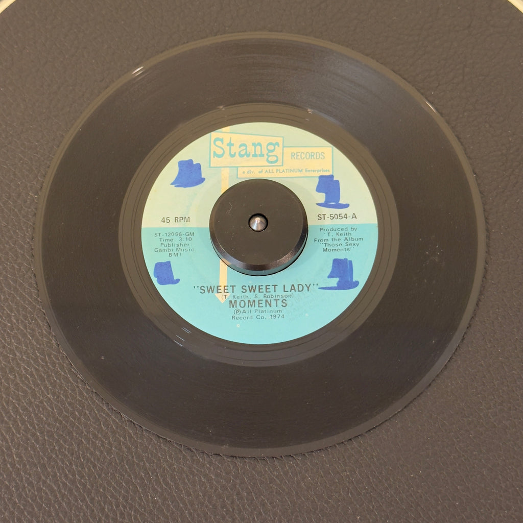 7" vinyl record by Moments featuring "Sweet Sweet Lady/The Next Time I See You", released on Stang Records (ST-5054), in VG+ (Very Good Plus) condition, classic analog collectable for turntable playback. 1974 pressing that delivers the smooth harmonies, sweeping arrangements, and emotional falsettos.  WOL on Side A.