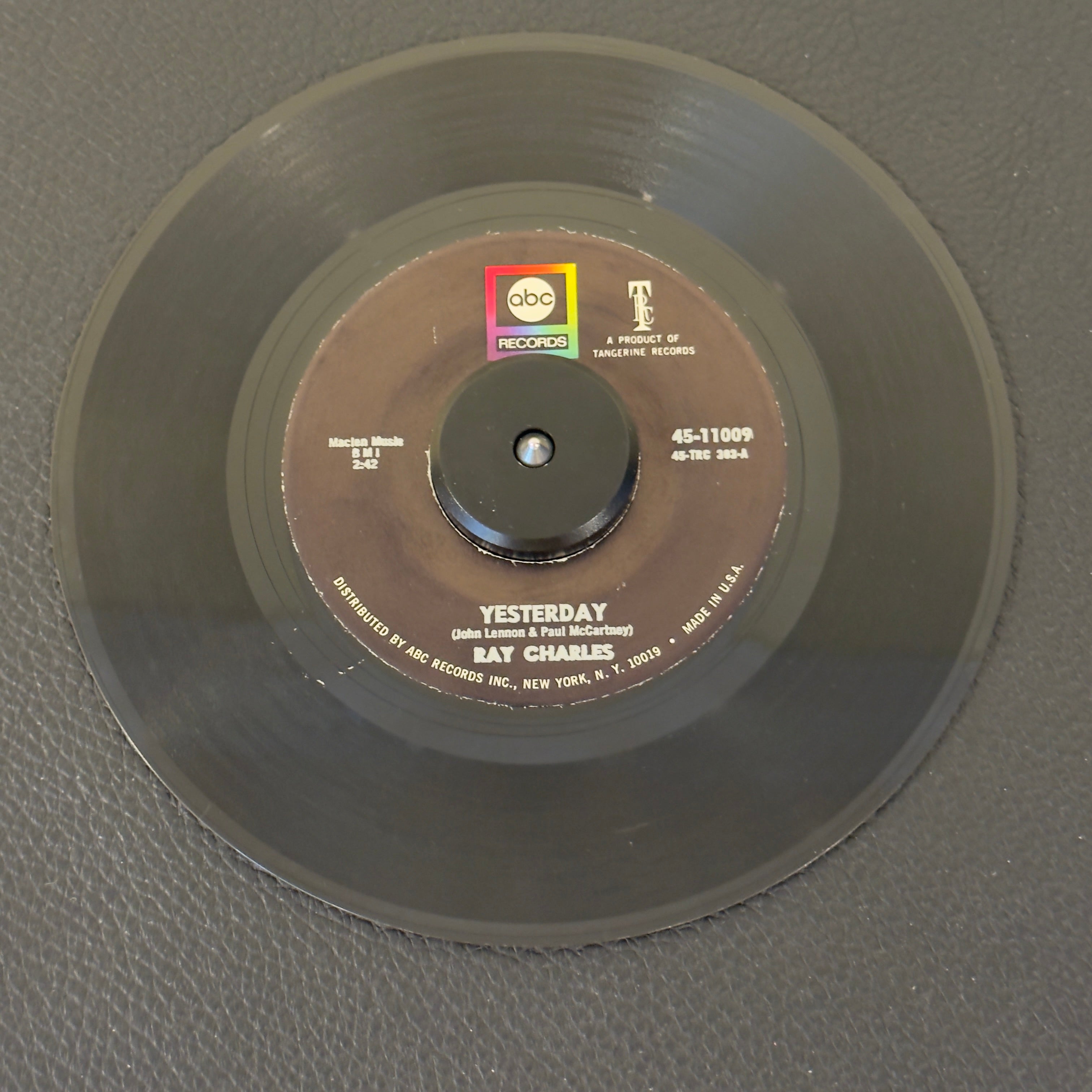 7" vinyl record by Charles, Ray featuring "Yesterday/Never Had Enough Of Nothing Yet", released on ABC Records (45-11009), in VG+ (Very Good Plus) condition, classic analog collectable for turntable playback. Ray Charles delivering his masterful, soulful rendition of The Beatles' classic "Yesterday". Original ABC sleeve.