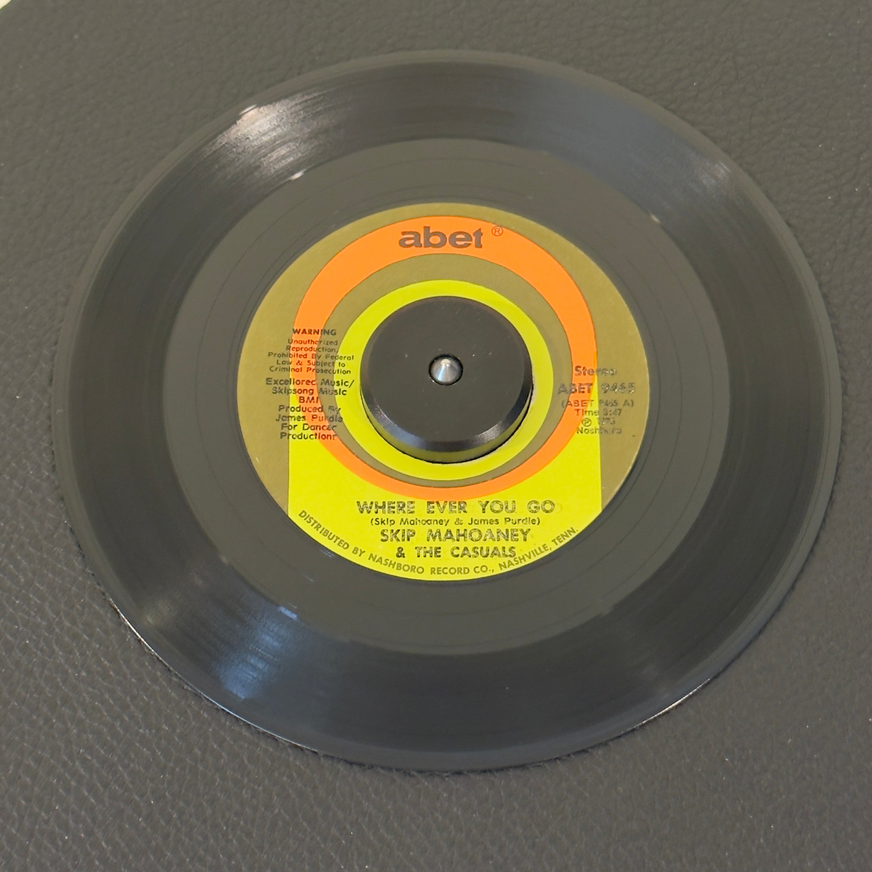 7" vinyl record by Mahoaney, Skip & The Casuals featuring "Where Ever You Go/And It's Love", released on Abet (ABET 9465), in VG+ (Very Good Plus) condition, classic analog collectable for turntable playback. Highly collectible original 1976 US pressing of the crossover modern soul anthem including the original Abet sleeve.