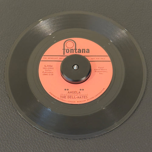 7" vinyl record by Dell-Mates, The featuring "Angela/Cross My Heart And Hope To Die", released on Fontana (S-1934), in VG+ (Very Good Plus) condition, classic analog collectable for turntable playback. Highly regarded on the European "Popcorn" scene, this promo copy features a driving mid-tempo beat and gorgeous undercurrents of late-era doo-wop.  Includes Fontana sleeve.