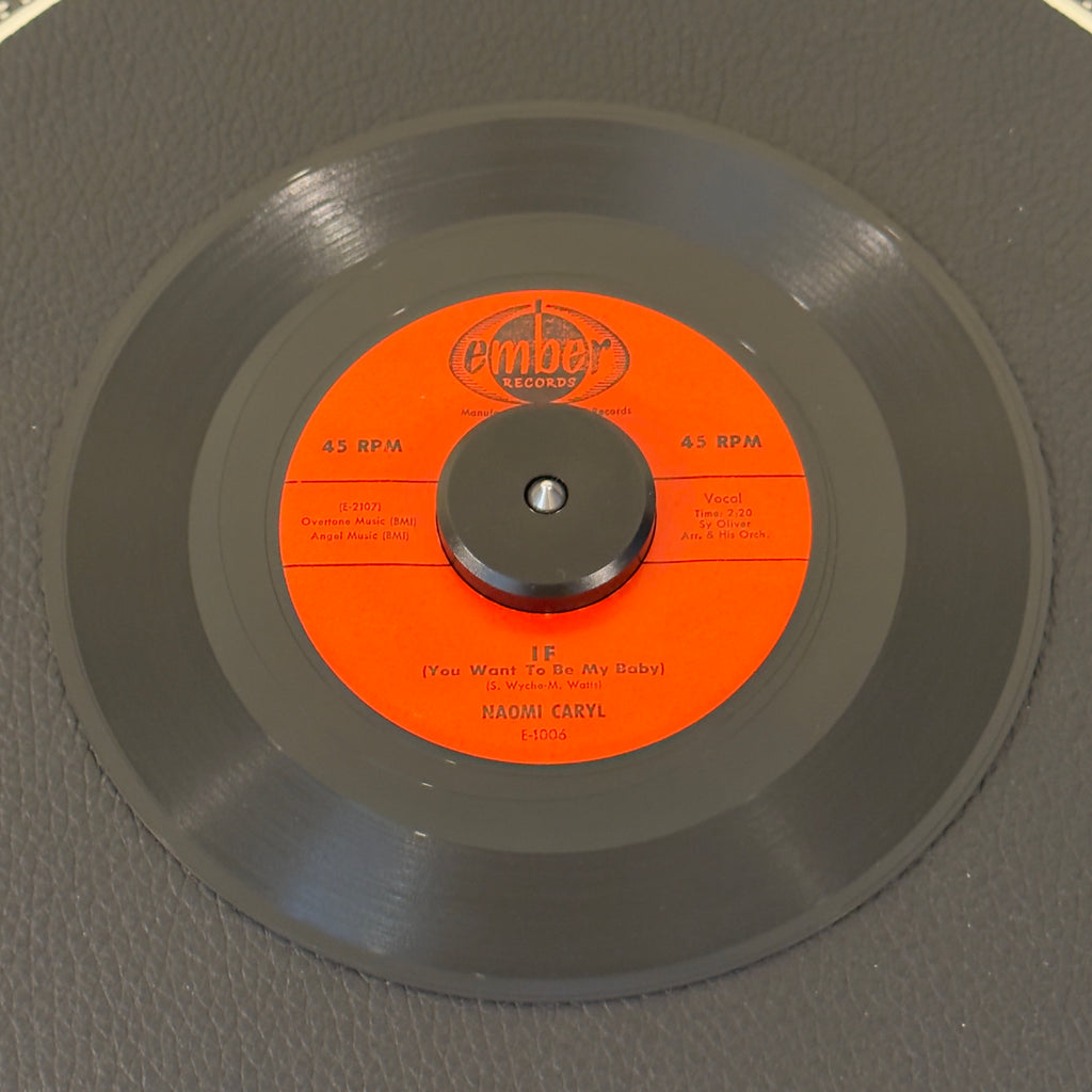 7" vinyl record by Caryl, Naomi featuring "If (You Want To Be My Baby)/Before You Say Goodbye", released on Ember Records (E-1006), in VG (Very Good) condition, classic analog collectable for turntable playback. Early piece of 1950s New York music history. This particular release is a holy grail for vocal group completists because of the backing band: Fred Parris and The Five Satins!