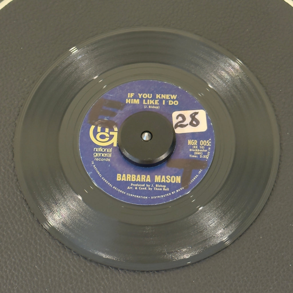 7" vinyl record by Mason, Barbara featuring "If You Knew Him Like I Do/Raindrops Keep Fallin' On My Head", released on National General Records (NGR-005), in VG (Very Good) condition, classic analog collectable for turntable playback. WOL on both sides and a sitcker on Side A.