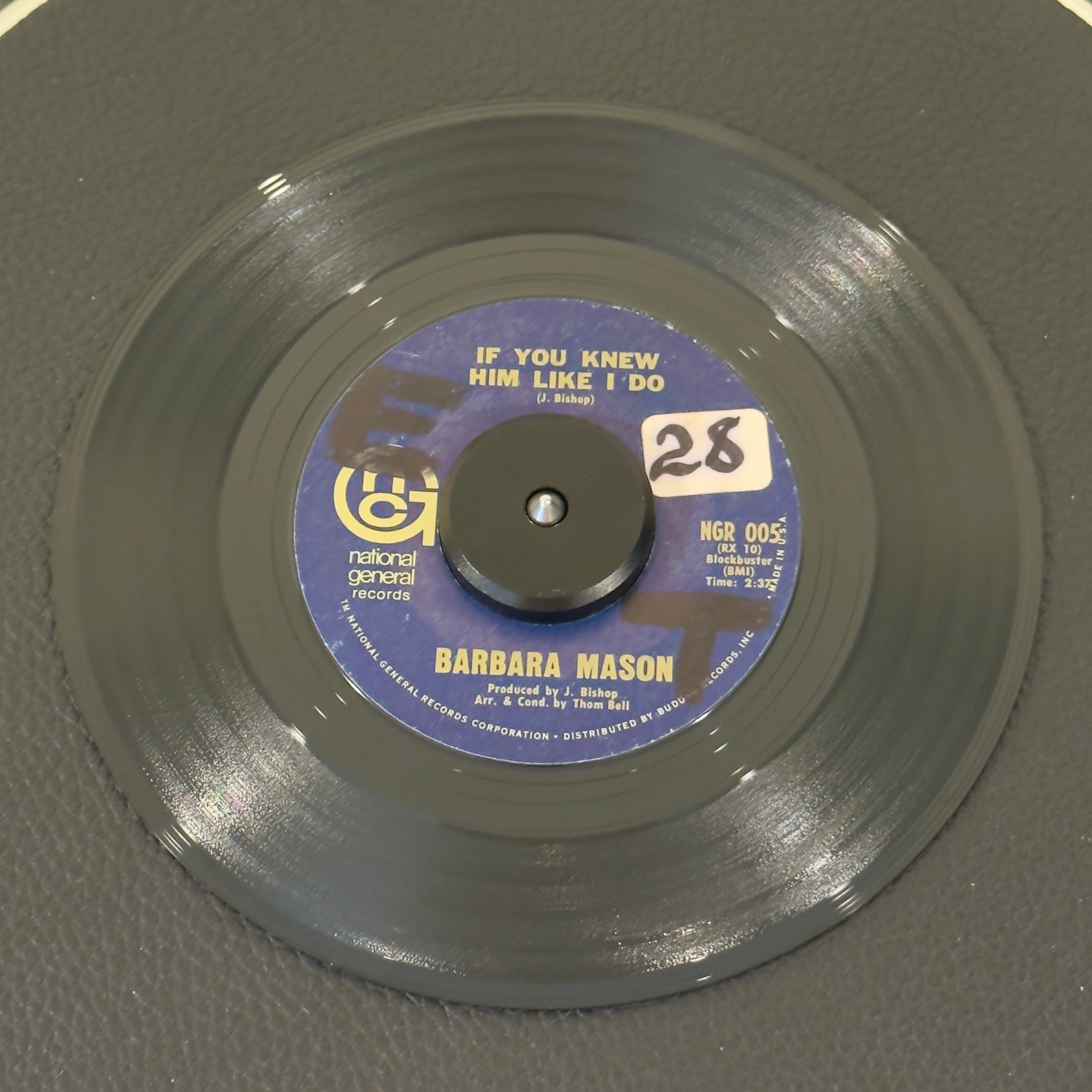 7" vinyl record by Mason, Barbara featuring "If You Knew Him Like I Do/Raindrops Keep Fallin' On My Head", released on National General Records (NGR-005), in VG (Very Good) condition, classic analog collectable for turntable playback. WOL on both sides and a sitcker on Side A.