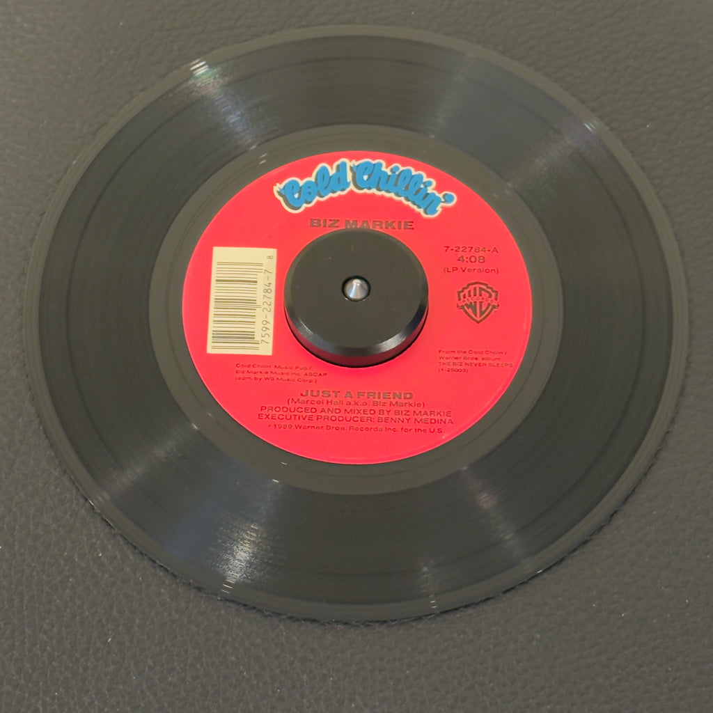 7" vinyl record by Biz Markie featuring "Just A Friend (LP Version)/(Instrumental)", released on Cold Chillin' (7-22784), in VG+ (Very Good Plus) condition, classic analog collectable for turntable playback. One of the most beloved and universally recognized tracks in hip-hop history.  Pic sleeve not included.