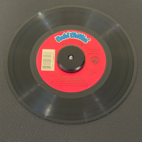 7" vinyl record by Biz Markie featuring "Just A Friend (LP Version)/(Instrumental)", released on Cold Chillin' (7-22784), in VG+ (Very Good Plus) condition, classic analog collectable for turntable playback. One of the most beloved and universally recognized tracks in hip-hop history.  Pic sleeve not included.