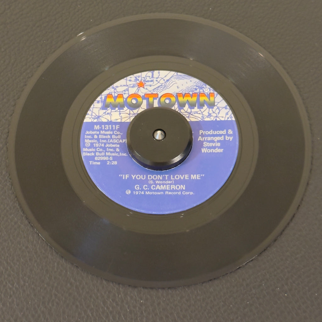 7" vinyl record by Cameron, G.C. featuring "If You Don't Love Me/Topics", released on Motown (M-131F), in VG+ (Very Good Plus) condition, classic analog collectable for turntable playback. Stellar, funky arrangement composed, produced, and arranged entirely by the legendary Stevie Wonder.