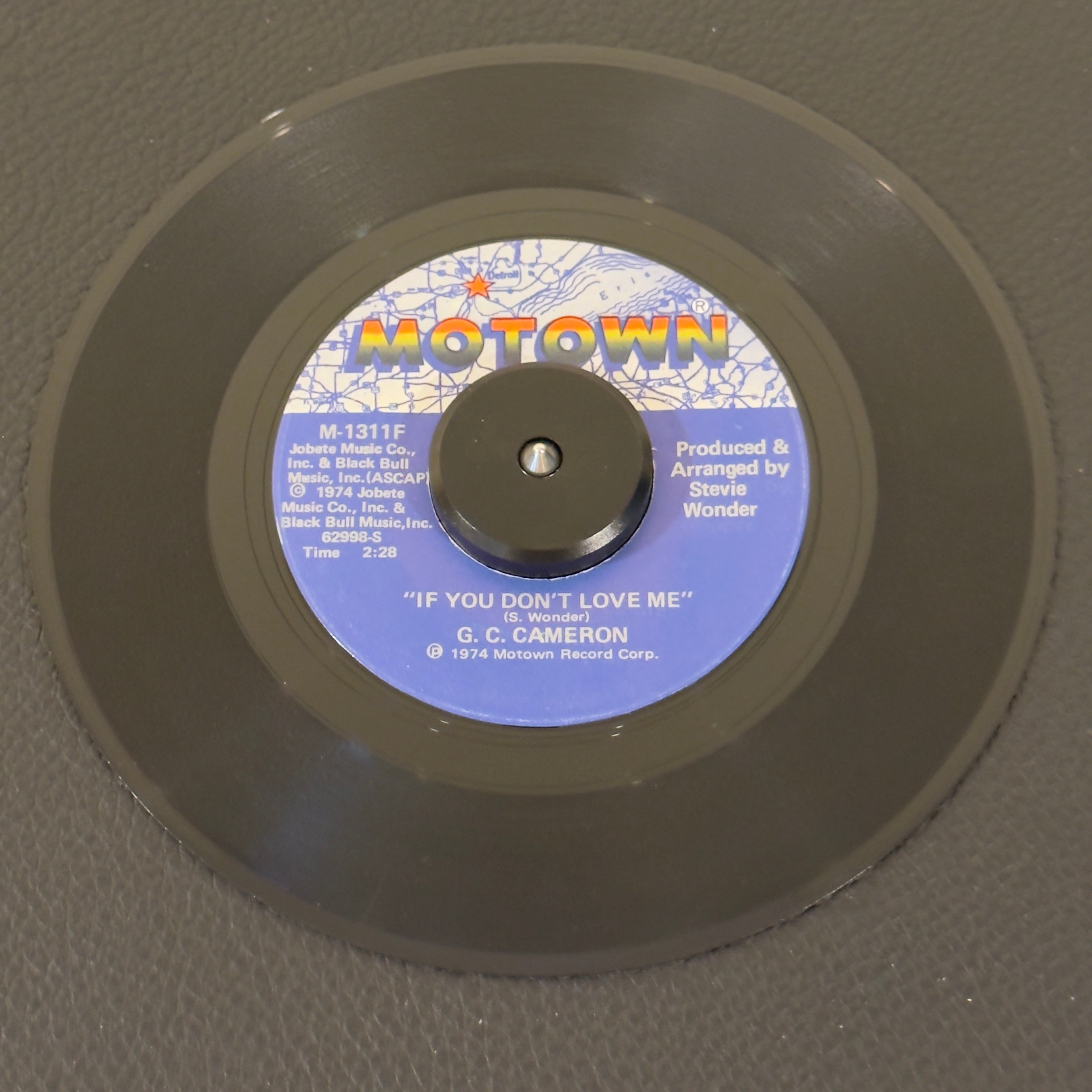 7" vinyl record by Cameron, G.C. featuring "If You Don't Love Me/Topics", released on Motown (M-131F), in VG+ (Very Good Plus) condition, classic analog collectable for turntable playback. Stellar, funky arrangement composed, produced, and arranged entirely by the legendary Stevie Wonder.