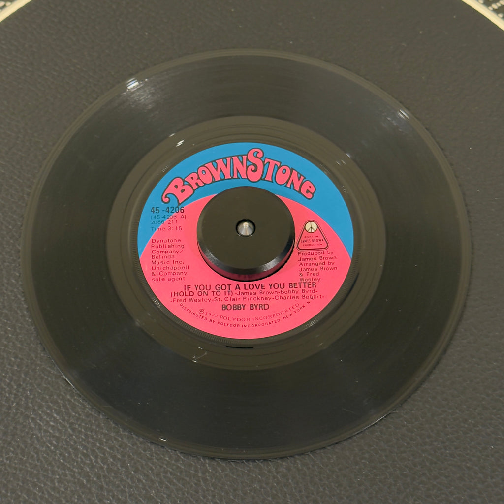 7" vinyl record by Byrd, Bobby featuring "If You Got A Love You Better (Hold On To It)/You've Got To Change Your Mind", released on Brownstone (45-4206), in VG+ (Very Good Plus) condition, classic analog collectable for turntable playback. Soul banger arranged by Fred Wesley and the Godfather of Soul - James Brown!