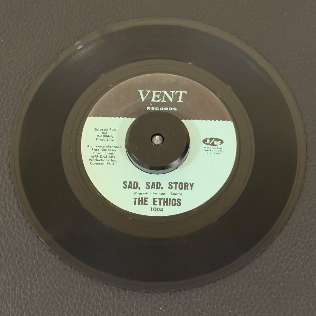 7" vinyl record by Ethics, The featuring "Sad, Sad, Story/Searching", released on Vent Records (1004), in VG+ (Very Good Plus) condition, classic analog collectable for turntable playback. Original 1968 US pressing of Philadelphia sweet soul royalty!  Minor blisters on the vinyl that do not affect playback.