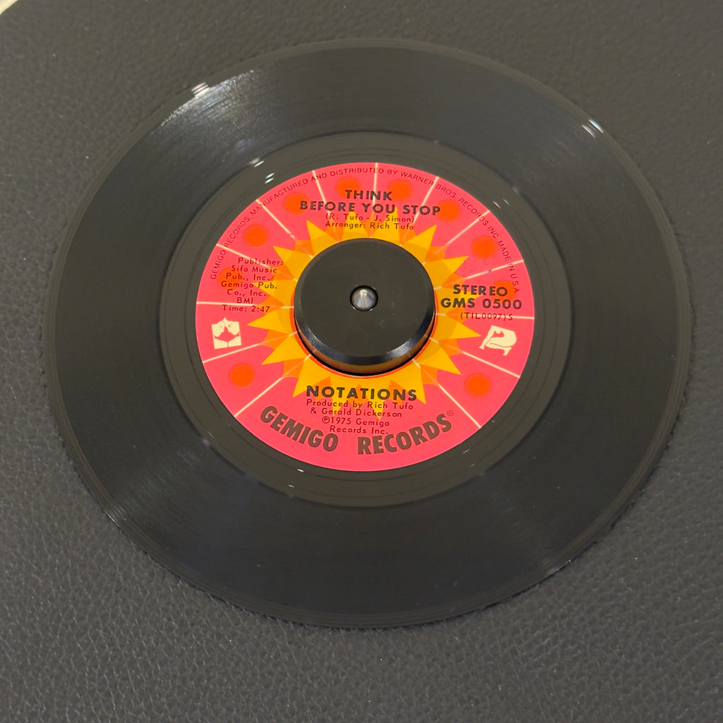 7" vinyl record by Notations featuring "Think Before You Stop/I'm Losing", released on Gemigo Records (GMS 0500), in VG+ (Very Good Plus) condition, classic analog collectable for turntable playback. Original 1975 US pressing of The Notations' stellar crossover groove. This track captures the precise moment Chicago sweet soul evolved into early club dancefloor gold and peaked at #4. WOL