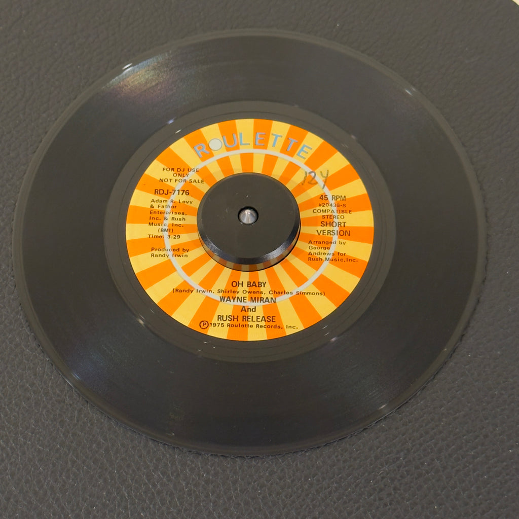 7" vinyl record by Miran, Wayne and Rush Release featuring "Oh Baby/Oh Baby", released on Roulette (RDJ-7176), in VG+ (Very Good Plus) condition, classic analog collectable for turntable playback. Promotional copy! This exceptional quartet production serves as a textbook bridge between classic Florida-style soul and early disco grooves. WOL - Original sleeve.