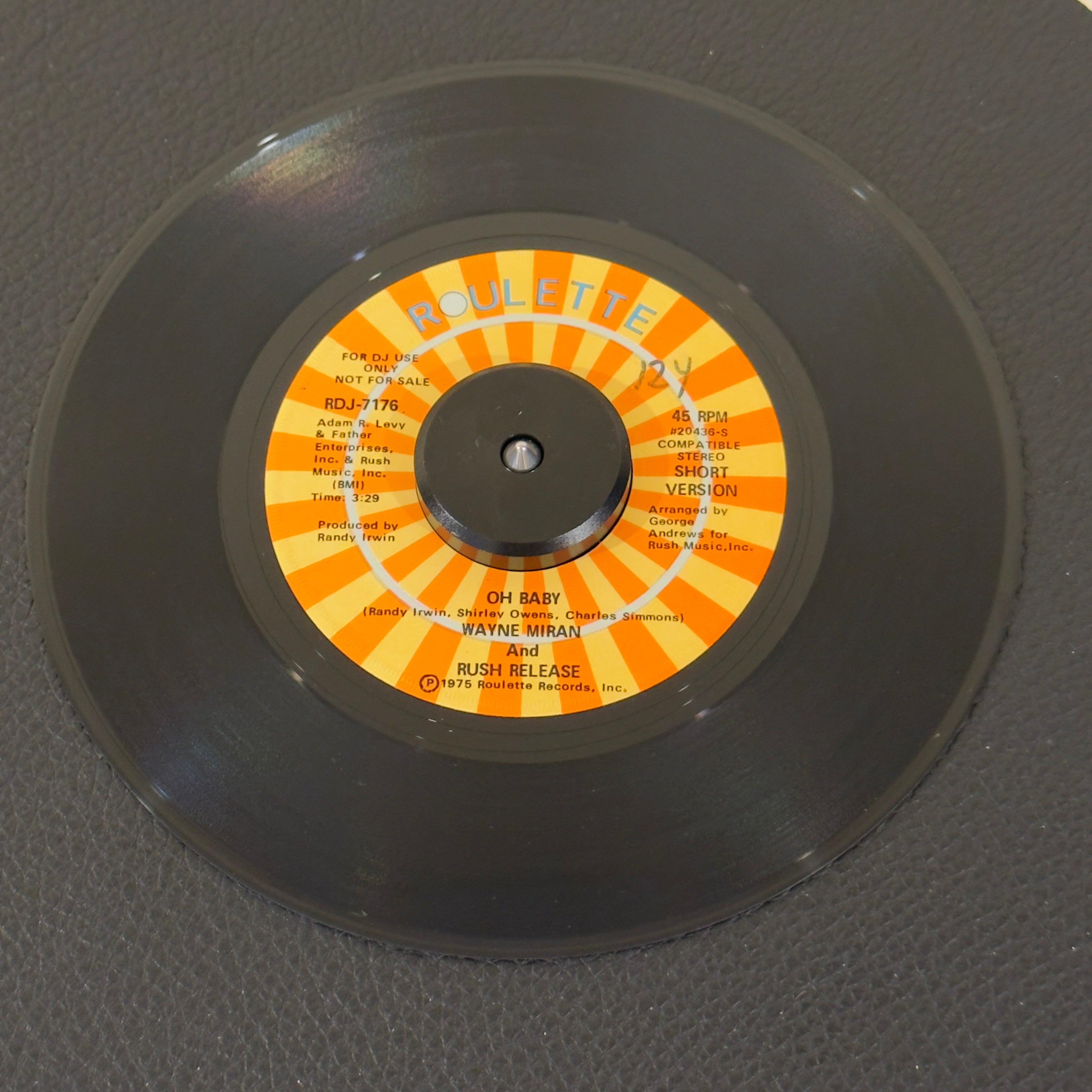 7" vinyl record by Miran, Wayne and Rush Release featuring "Oh Baby/Oh Baby", released on Roulette (RDJ-7176), in VG+ (Very Good Plus) condition, classic analog collectable for turntable playback. Promotional copy! This exceptional quartet production serves as a textbook bridge between classic Florida-style soul and early disco grooves. WOL - Original sleeve.