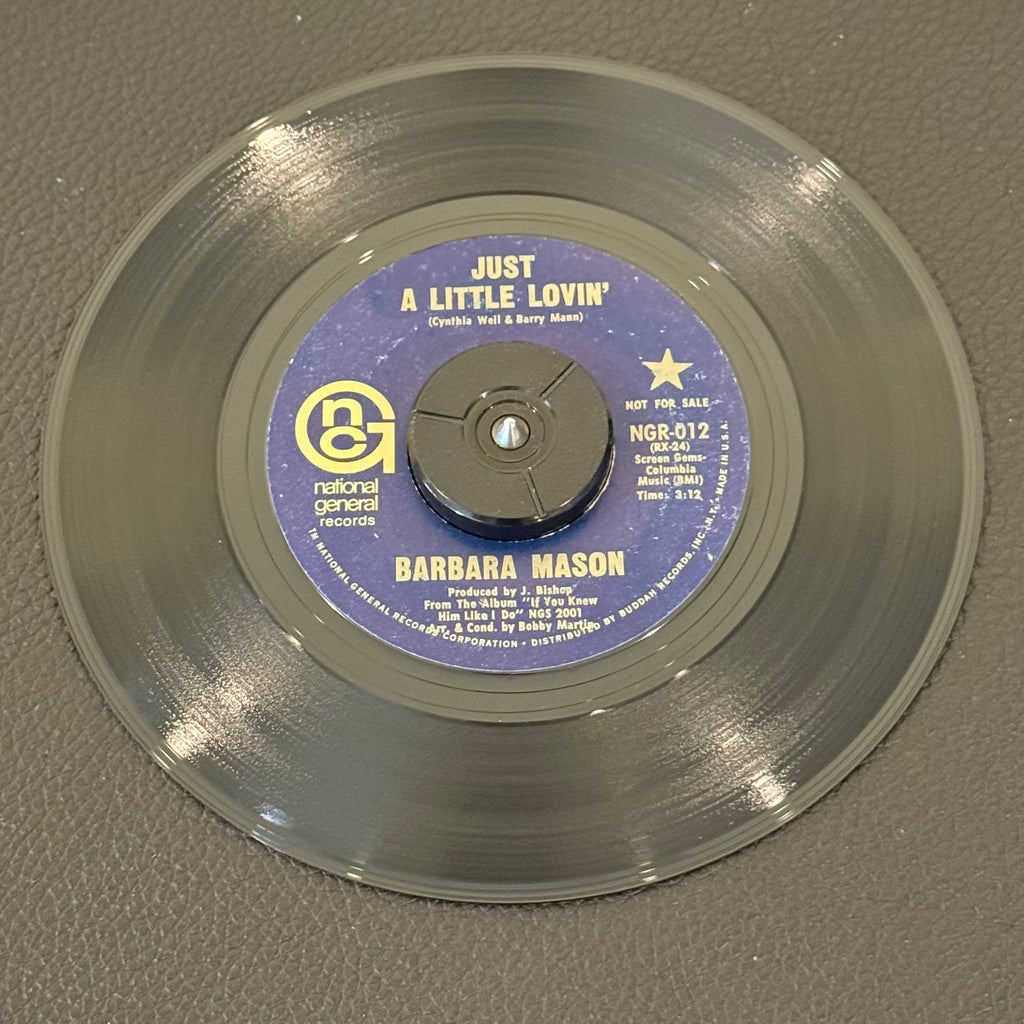 7" vinyl record by Mason, Barbara featuring "Just A Little Lovin'/Yes, It's You", released on National General Records (NGR-012), in VG+ (Very Good Plus) condition, classic analog collectable for turntable playback. Includes National General sleeve. Promo Copy.