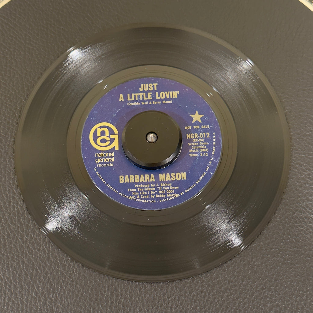 7" vinyl record by Mason, Barbara featuring "Just A Little Lovin'/Yes, It's You", released on National General Records (NGR-012), in VG+ (Very Good Plus) condition, classic analog collectable for turntable playback. Includes National General sleeve. Promo Copy.