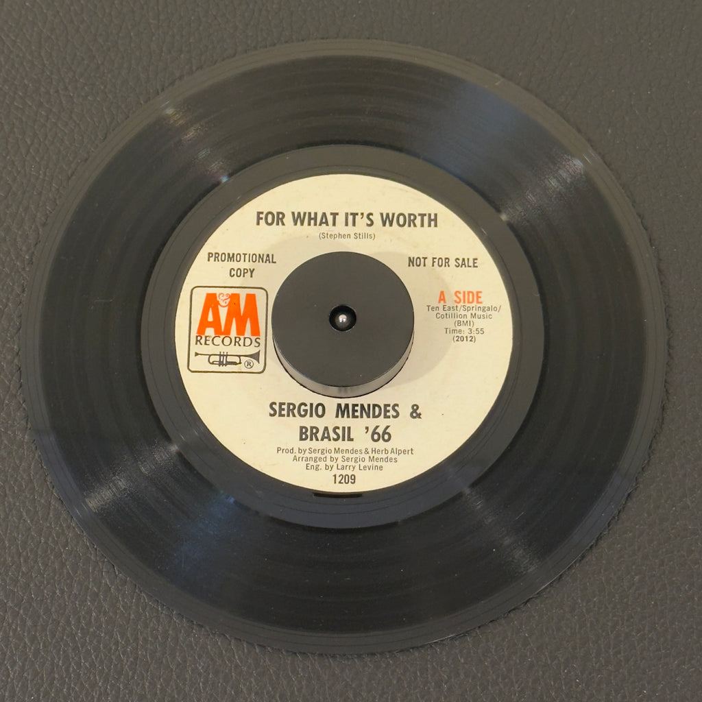 7" vinyl record by Mendes, Sergio & Brasil '66 featuring "For What It's Worth/Viramundo", released on A&M Records (1209), in VG (Very Good) condition, classic analog collectable for turntable playback. Rare Promo Copy!  Original A&M sleeve included.