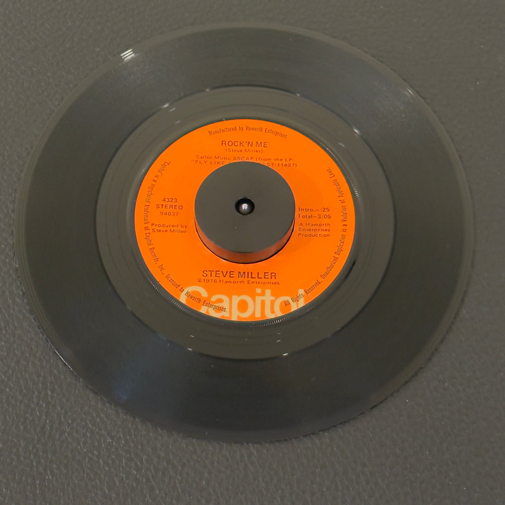 7" vinyl record by Miller, Steve featuring "Rock ' Me/Shu N=Ba Da Du Ma Ma Ma Ma", released on Capitol Records (4323), in VG (Very Good) condition, classic analog collectable for turntable playback. Original Capitol sleeve included. Released with "Shu Ba Da Du Ma Ma Ma Ma" on the B side instead of Living In The USA.