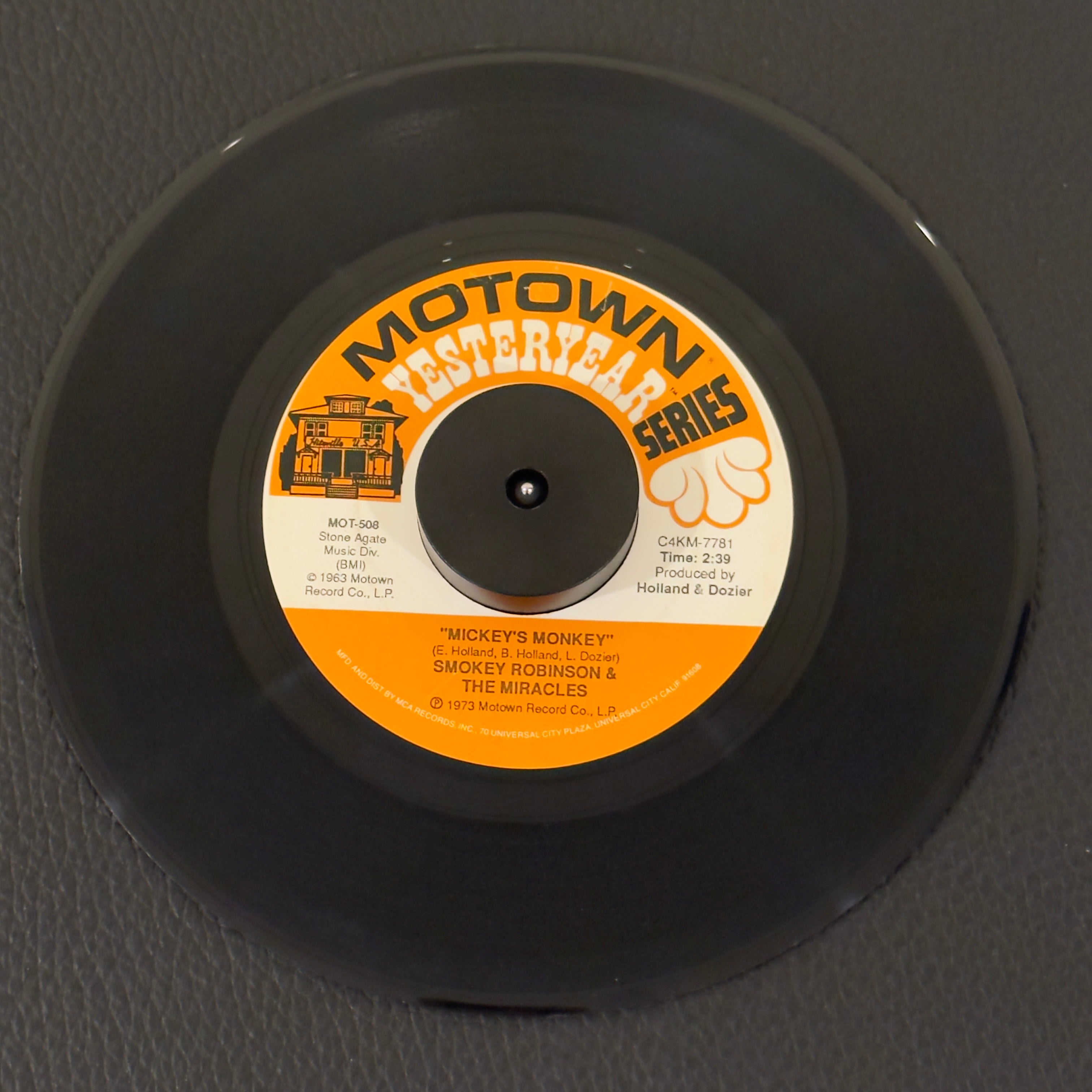 7" vinyl record by Robinson, Smokey & The Miracles featuring "Mickey's Monkey/A Love She Can Count On", released on Motown Yesteryear (MOT-508), in VG+ (Very Good Plus) condition, classic analog collectable for turntable playback. Motown Yesteryear Series - Repress.