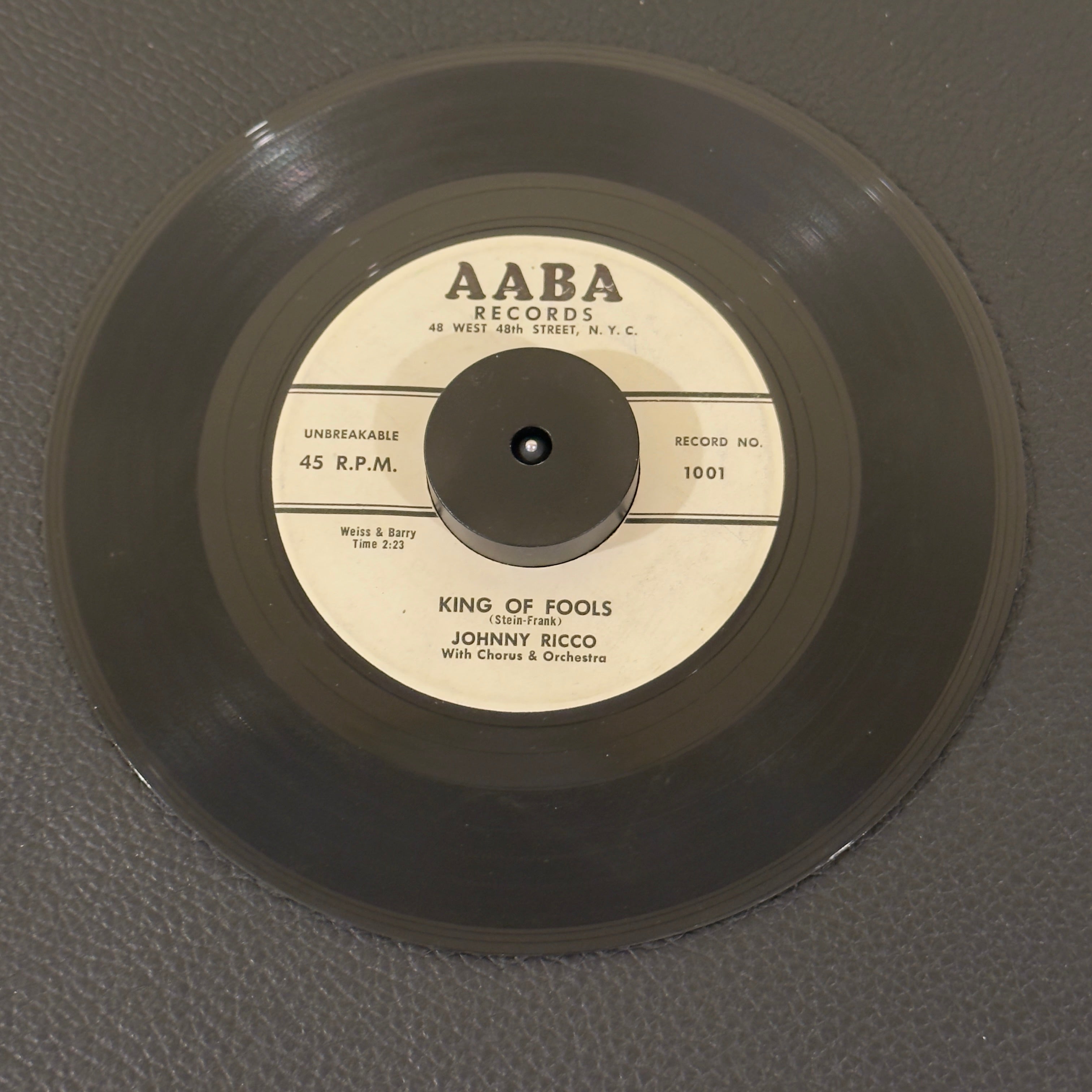 7" vinyl record by Ricco, Johhny featuring "King Of Fools/I'll Never Smile Again", released on AABA Records (1001 / 1002), in VG (Very Good) condition, classic analog collectable for turntable playback. 