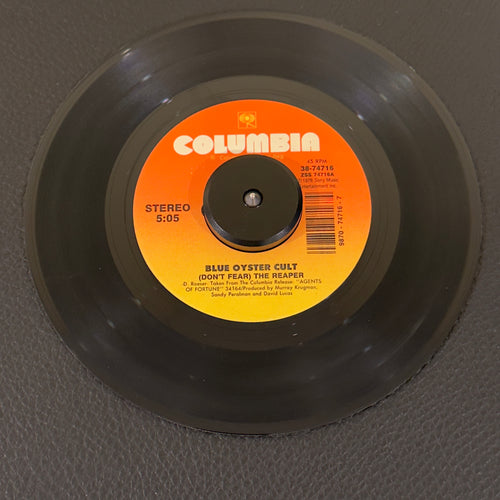 7" vinyl record by Blue Oyster Cult featuring "(Don't Fear) The Reaper/Burnin' For You", released on Columbia (38-74716), in VG (Very Good) condition, classic analog collectable for turntable playback. Need more cowbell?  Pick up this reissue with 2 banger songs!!!!  Jukebox swirls on both sides.