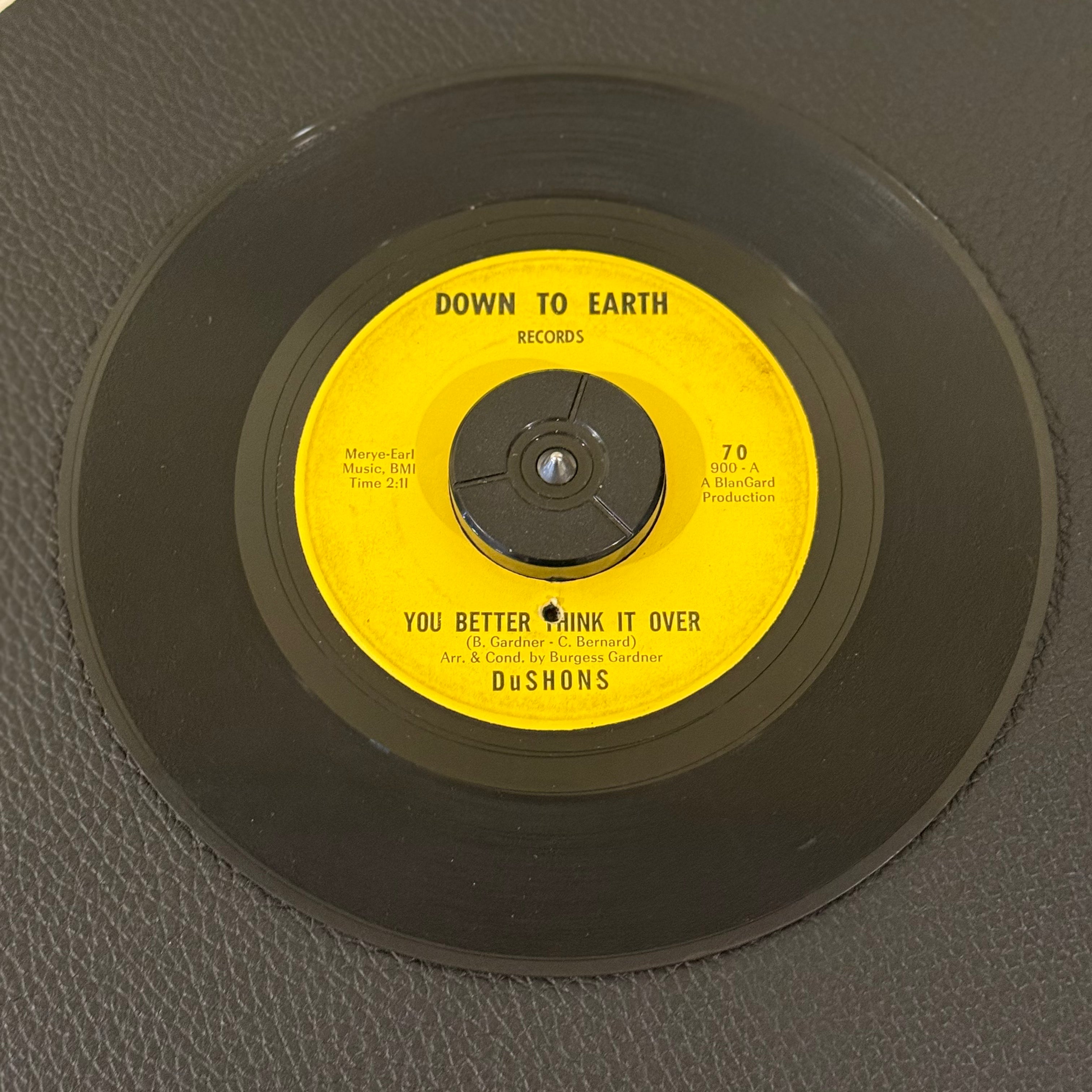 7" vinyl record by Dushons featuring "You Better Think It Over/Take These Chains (From My Heart)", released on Down To Earth (70), in VG (Very Good) condition, classic analog collectable for turntable playback. 