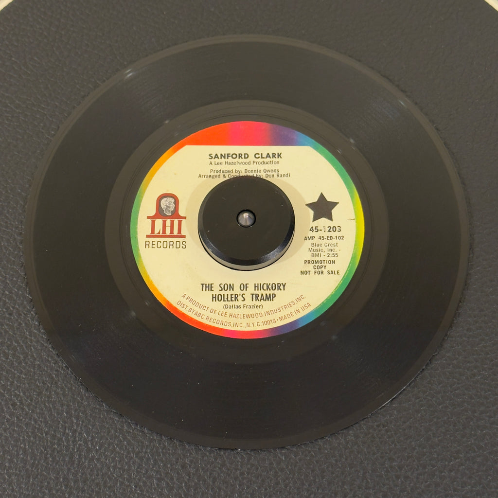 7" vinyl record by Clark, Sanford featuring "The Son Of Hickory Hollers Tramp/The Black Widow Spider", released on LHI Records (45-1203), in VG+ (Very Good Plus) condition, classic analog collectable for turntable playback. Promotional copy! Includes the highly sought after cult classic "The Black Widow Spider".