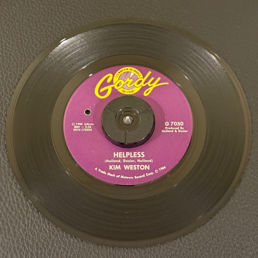 7" vinyl record by Weston, Kim featuring "Helpless/A Love Like Yours", released on Gordy (G 7050), in VG+ (Very Good Plus) condition, classic analog collectable for turntable playback. 